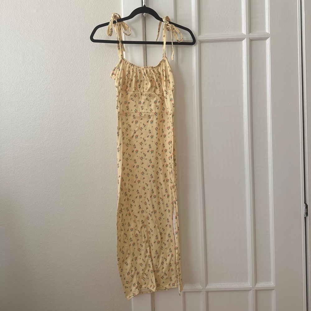 Sundress with Tie Straps; Yellow Floral Print Ruched Bust Milkmaid Midi Dress